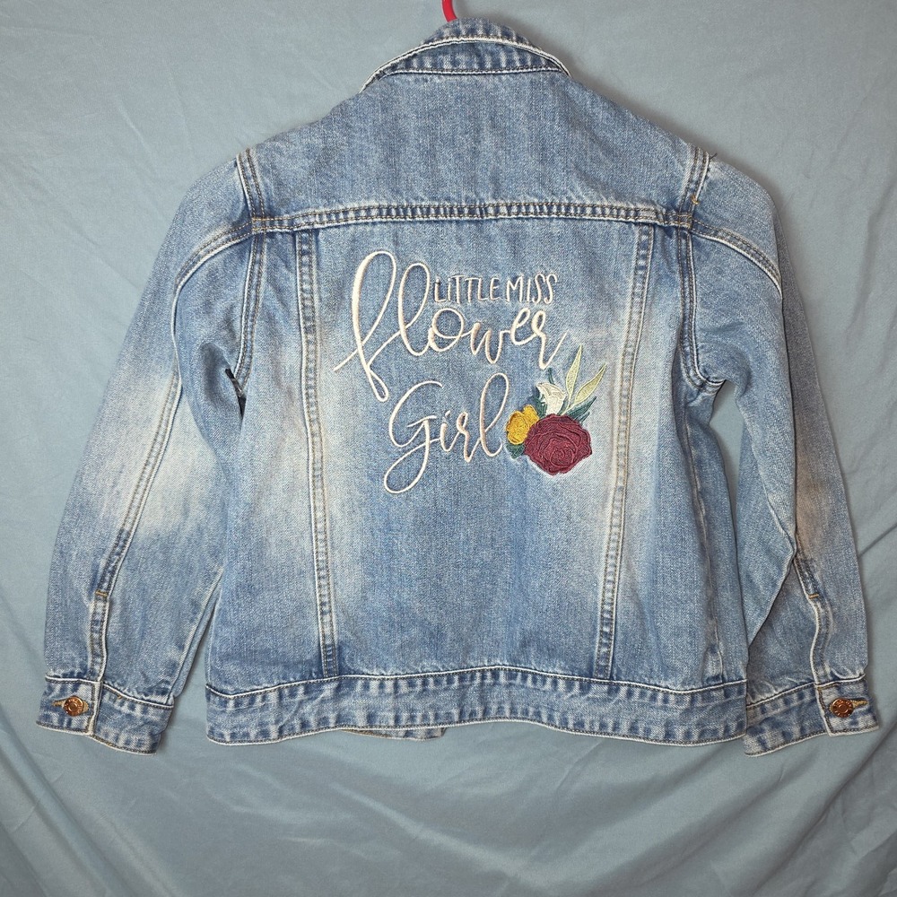 Girls Denim Jacket Little Miss Flower Girl Embroidered Sz 6 ThreeTwoOne Wedding